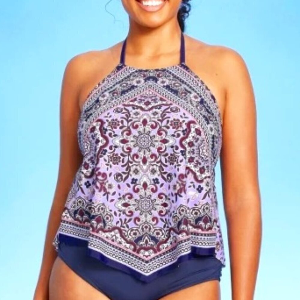 KONA SOL NAVY BLUE HALTER TIE BACK OUT FLORAL BANDANA SWIM TOP SIZE LARGE NWT